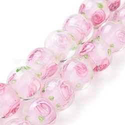 Hilos de abalorios de murano hechos a mano, flor interna, redondo, rosa perla, 11~12x11~12mm, agujero: 2~2.5 mm