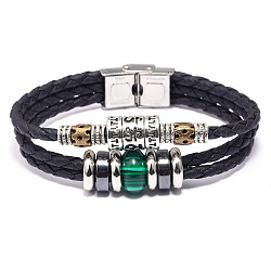 Bracelets de multi-brins en cuir, avec de la malachite, hématite synthétique, accessoires en alliage et fermoirs en acier inoxydable, 8-1/8 pouce (20.5 cm), 13mm