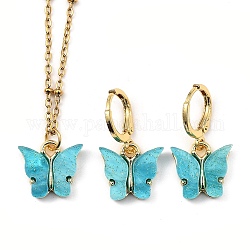 Glitter Powder Butterfly Jewelry Sets, 304 Stainless Steel Cable Chains Pendant Necklaces & Brass Hoop Earring, with Alloy Resin Pendants and Lobster Claw Clasps, Golden, Cyan, 17.52 inch(44.5cm), 25mm, Pin: 1x0.8mm