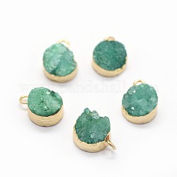 Natural Druzy Quartz Charms, with Brass Findings, Flat Round, Golden, Sea Green, 10~11x7~8x3~9mm, Hole: 2mm