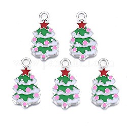 Noël alliage d'arbre pendentifs émail, le thème de Noël, perle rose, platine, 26x15x2mm, Trou: 3mm