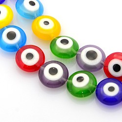 Fatti a mano in vetro murano male occhio fili di perle, rotondo e piatto, colore misto, 10x5mm, Foro: 1 mm, circa 41pcs/fili, 15 pollice