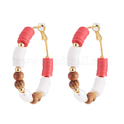 (Ювелирные вечеринки, заводская распродажа) латунные серьги-кольца Heishi с бисером, с деревянных бусин, естественно жемчуг, пластиковые ушные гайки и позолоченные латунные бусы, красные, 50 мм, штифты : 0.7 мм