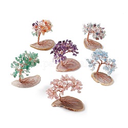 Natural Gemstone Tree Display Decoration, Agate Slice Base Feng Shui Ornament for Wealth, Luck, Rose Gold Brass Wires Wrapped, 42~50x74~79x83~86mm