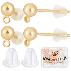 Beebeecraft 1 scatola 100 pezzi risultati di orecchini a bottone a sfera kit di ricerca per orecchini a bottone in ottone placcato oro 18k con anello e 100 pezzi dadi in plastica per creazione di gioielli da donna