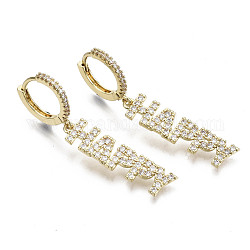 Brass Micro Pave Clear Cubic Zirconia Dangle Huggie Hoop Earrings, Word Happy, Nickel Free, Real 16K Gold Plated, 40mm, Pin: 0.8mm