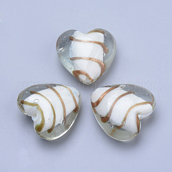Perline murano con sabbia d'oro fatto a mano, cuore, bianco, 33~35x34~36x16~17mm, Foro: 2~3 mm