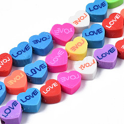 Handmade Polymer Clay Bead Strands, Heart with Word LOVE, for Valentine's Day, Mixed Color, 8~9x9~9.5x4~5mm, Hole: 1.6mm, about 40pcs/strand, 14.06 inch~14.57 inch(35.7~37cm)