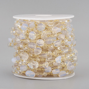 Catene in rilievo di opalite fatte a mano, con perle di vetro rondelle e catene portacavi in vero ottone placcato oro 18k, placcato di lunga durata, senza saldatura, con la bobina, pepite, link: 2x1.5x0.3 mm, Pietre Semipreziose: 8x6~6.5x4~4.5 mm, perle di vetro: 4x3 mm, circa 32.8 piedi (10 m)/rotolo