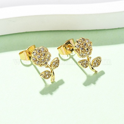 Серьги-гвоздики в форме цветка с микропаве из прозрачных кубических цирконий из латуни EJEW-K267-35G-1