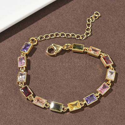 Прямоугольные латунные браслеты-цепочки с инкрустацией кубическим цирконием для женщин&nbsp;BJEW-P385-05G-1