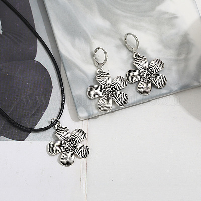 Комплект из ожерелья с подвеской и серег-колец из цветочного сплава с искусственным кожаным шнуром FS-WGDD3CA-01-1