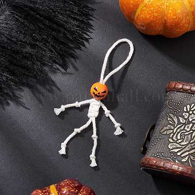 Подвеска из хлопкового шнура и бусин в виде деревянной тыквы на Хэллоуин HJEW-JM03904-1