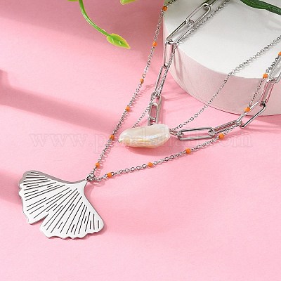 304 нержавеющая сталь и натуральный жемчуг и эмалевые бусины лист кулон 3 слой ожерелья для женщин NJEW-A045-18P-1