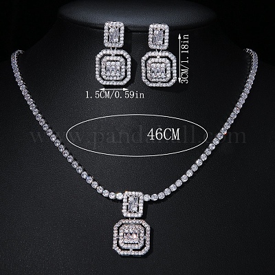 Комплекты из квадратных латунных подвесок с микропаве из прозрачных кубических цирконий и серег-гвоздиков FS-WG98D1F-01-1