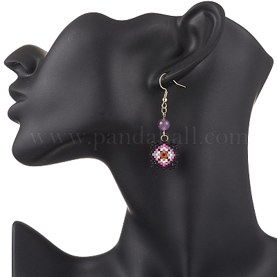 Серьги-подвески ручной работы из стеклянных бусин с узором «окно-решетка» EJEW-MZ00560-05-1