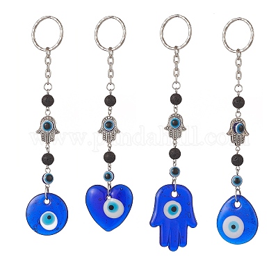 PandaHall Hamsa Hand Keychain, 12 Styles Evil Eye Keychain with Crystal Stone Hexagonal Gemstone Good Luck Charm Keychain for Wrislet