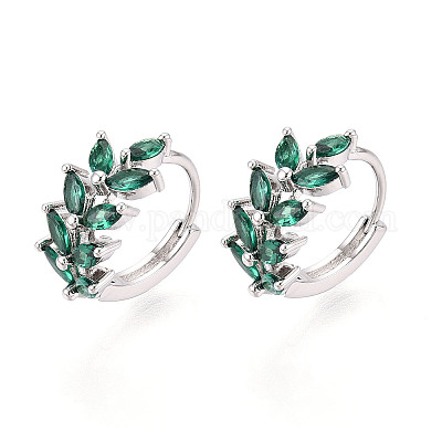 Серьги-кольца в форме листа с микропаве из кубических цирконий из латуни EJEW-T048-41C-P-1