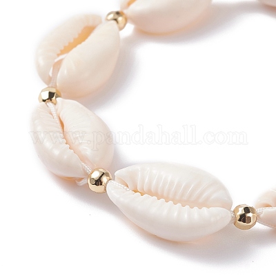 Браслет из плетеных бусин из натуральной раковины каури для женщин BJEW-TA00044-01-1