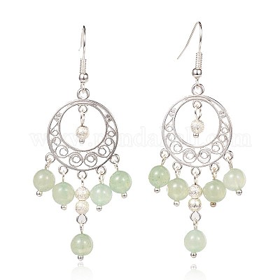 Плоские круглые тибетские сплава типа природных драгоценных камней люстра серьги EJEW-JE01883-1