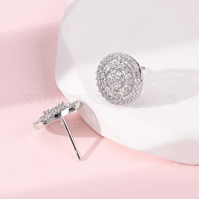 Латунные плоские круглые серьги-гвоздики с микропаве из прозрачных кубических цирконий EJEW-H165-05P-1