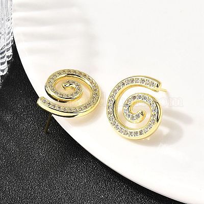 Серьги-гвоздики из латуни с микропаве из прозрачного кубического циркония Vortex Spiral EJEW-L305-05G-02-1