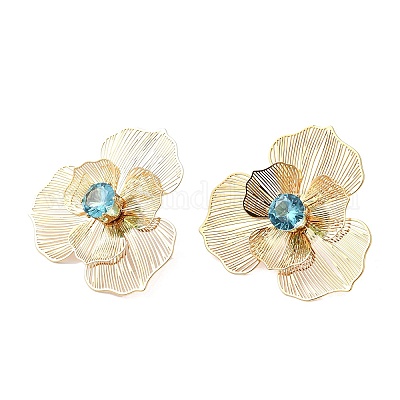 Цветок латуни микро проложить кубического циркония серьги стержня EJEW-F391-07G-02-1