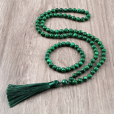 Комплекты ожерелий и браслетов с круглыми бусинами из синтетического малахита FS-WG9D102-08-1