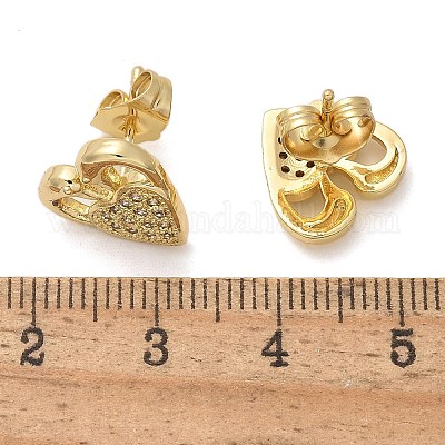 Серьги-гвоздики в форме сердца ко Дню святого Валентина из латуни с микропаве из прозрачных кубических цирконий EJEW-D305-22G-04-1