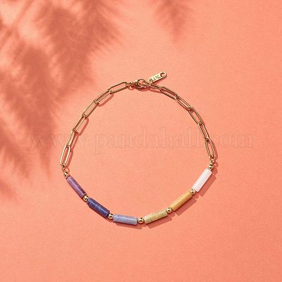 Ножной браслет из бисера из натурального смешанного драгоценного камня с латунными цепочками для скрепок для женщин AJEW-AN00494-1