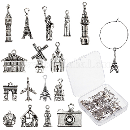 SUNNYCLUE 1 Box 16 Styles Tourist Theme Wine Glass Identifiers Charms Drink Markers Tags Tibetan Style Alloy Pendants Stainless Steel Hoop for Party Favors Decoration Supplies Gifts DIY-SC0017-76-1