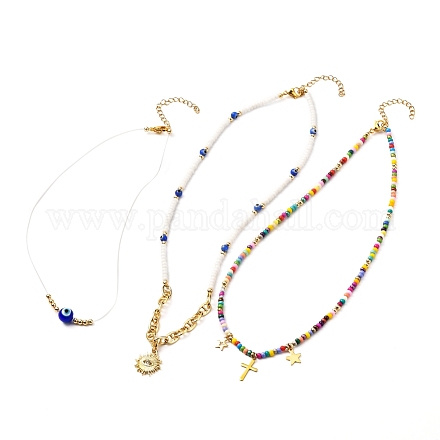 Set di collane con perline di semi di vetro perline malocchio NJEW-JN03722-01-1