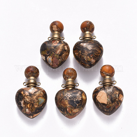 Pendentifs ouvrants pour flacon de parfum en bronzite naturelle et jaspe impérial synthétique assemblés par cœur G-R484-01F-1
