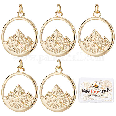 Beebeecraft 10Pcs/Box Mountain Charms 18K Gold Plated Brass Flat Round with Alps Mountain Dangle Pendants with Jump Ring for Jewelry Making Necklace Bracelet DIY Crafts KK-BBC0003-21-1