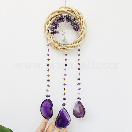 Rattan & Natural Amethyst Chips Flat Round with Tree of Life Pendant Decorations. Wind Chime TREE-PW0003-13B-1