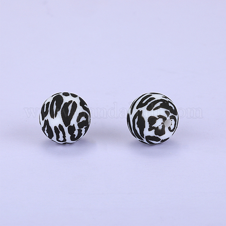 Printed Round with Leopard Print Pattern Silicone Focal Beads SI-JX0056A-03-1
