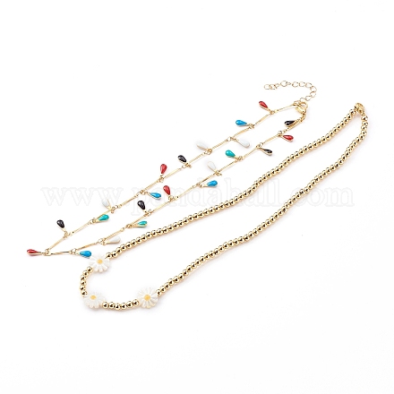 Halsketten mit Messingperlen und 304 Halskettensets mit Tropfenanhänger aus Edelstahl NJEW-JN03335-01-1