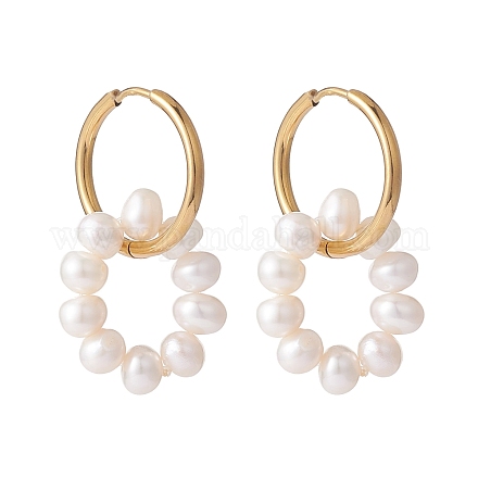 Natural Pearl Beaded Ring Shape Hoop Earring EJEW-JE04696-1