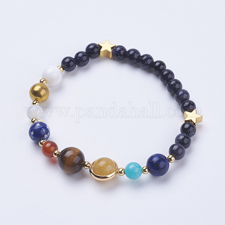 Gemstone and Blue Goldstone Stretch Bracelets BJEW-P190-04-1