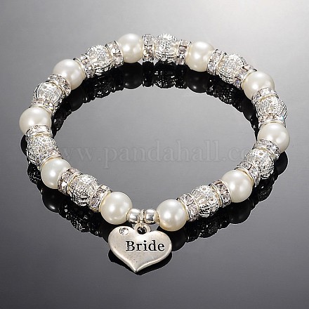 Heart Glass Pearl Round Beaded Stretch Wedding Charm Bracelets BJEW-JB01926-02-1