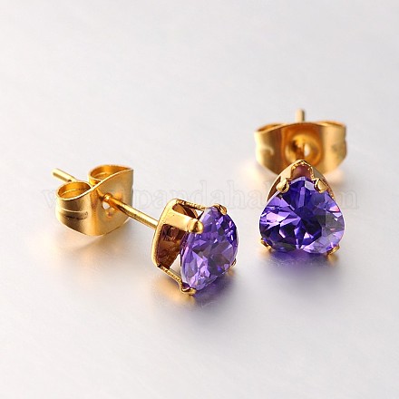 Clous d'oreilles de cœur de bijoux en or en 304 acier inoxydable avec zircon cubique de micro pave X-EJEW-L096-6mm-06-1