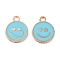Alloy Enamel Pendants, Cadmium Free & Lead Free, Golden, Flat Round with Smiling Face Charm, Dark Turquoise, 19x15x1.7mm, Hole: 2.5mm