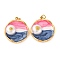 304 Stainless Steel Enamel Pendants, Flat Round Charm, with ABS Plastic Imitation Pearl and Glitter Powder & Jump Ring, Ion Plating(IP), Real 18K Gold Plated, 21.5x19x7mm, Hole: 2.5mm