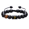Adjustable Natural Tiger Eye and Glass Beaded Braided Bead Bracelets for Men Women, Column with Letter, Black, Letter P, 6-1/4~10-1/4 inch(16~26cm)