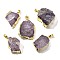 Raw Rough Natural Dyed Quartz Crystal Pendants, Nuggets Charms, with Brass Findings, Light Gold, Medium Purple, 21~45x18~39x8~19mm, Hole: 7x4.5mm