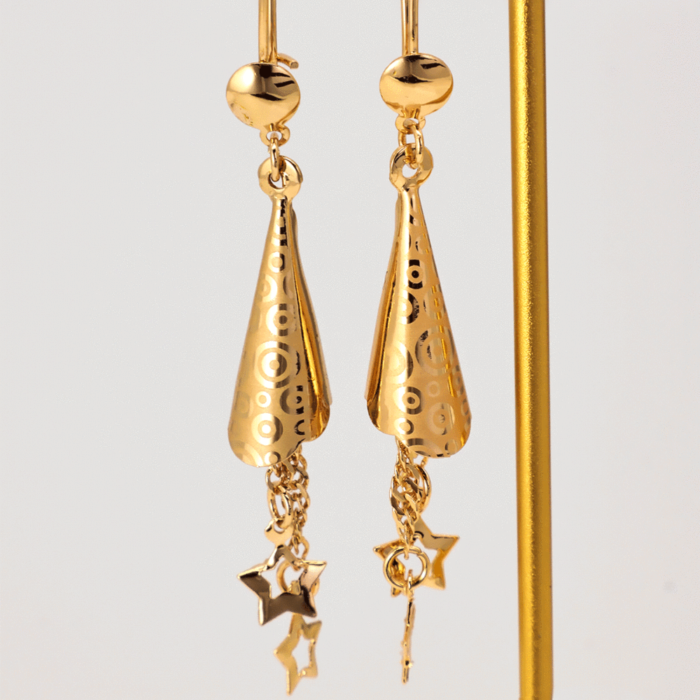 Elegant Brass Star Tassel Hoop Earrings, Real 18K Gold Plated, Cone, 65x10mm