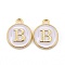 Golden Plated Alloy Charms, Cadmium Free & Lead Free, with Enamel, Enamelled Sequins, Flat Round with Letter, White, Letter.B, 14x12x2mm, Hole: 1.5mm