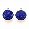 Ion Plating(IP) 201 Stainless Steel Charms, Flat Round, with Polymer Clay Rhinestone, Real 18K Gold Plated, Blue, 13.5x11.5x5~6mm, Hole: 1.6mm