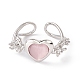 Glass Heart with Flower Open Cuff Ring RJEW-P038-01P-2