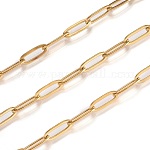 304 acero inoxidable cadenas de clips, cadenas portacables alargadas estiradas, soldada, con carrete, dorado, link: 11~12x4x0.5~0.87 mm, aproximadamente 16.4 pie (5 m) / rollo